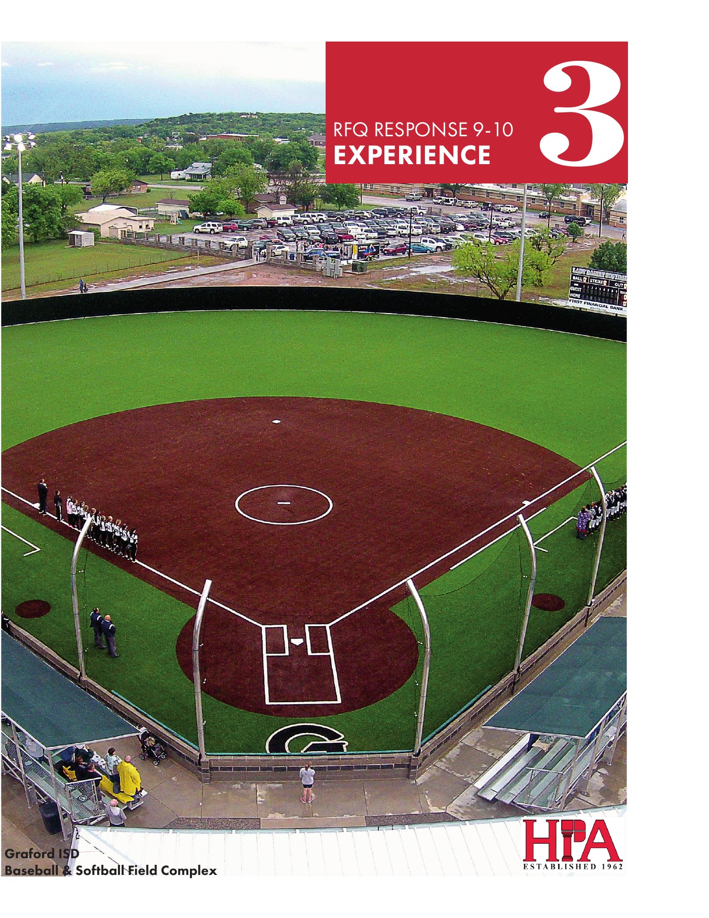 Experience section divider featuring an aerial photograph of a school softball field