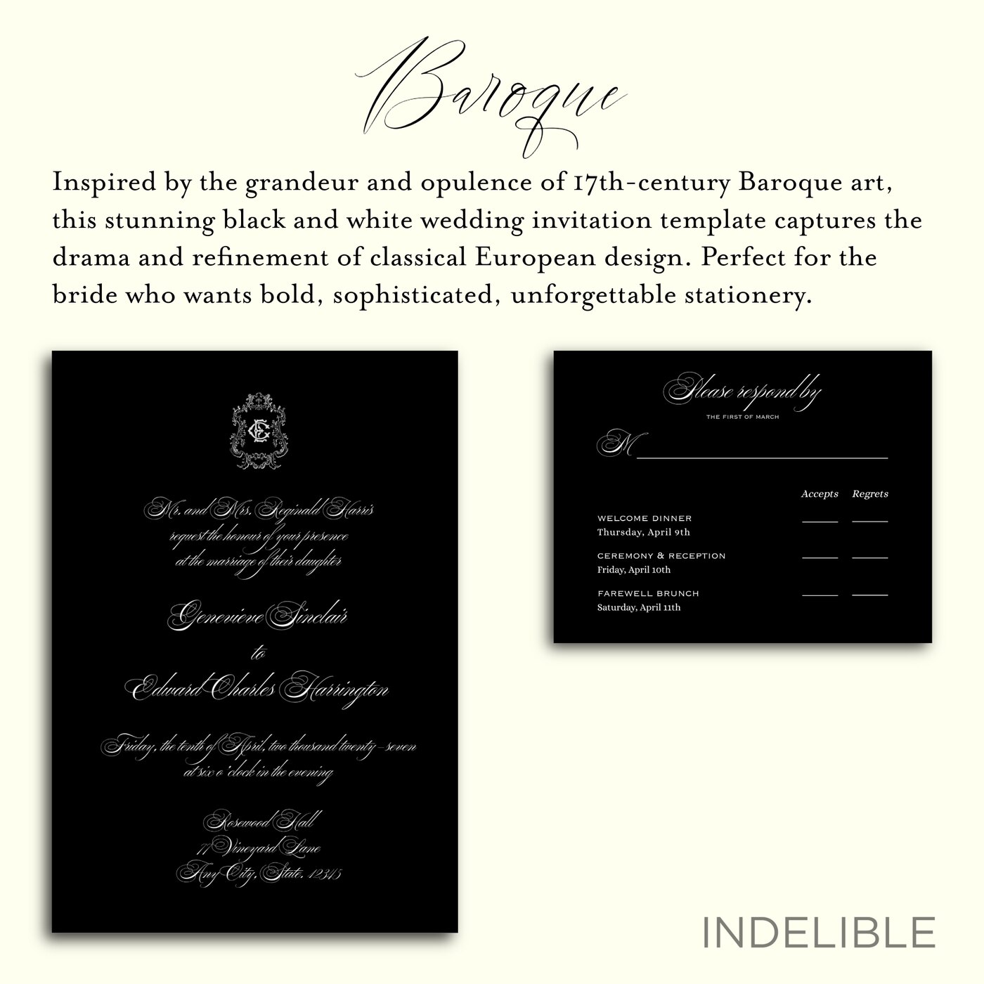INDELIBLE Baroque collection concept board with black invitation and response card