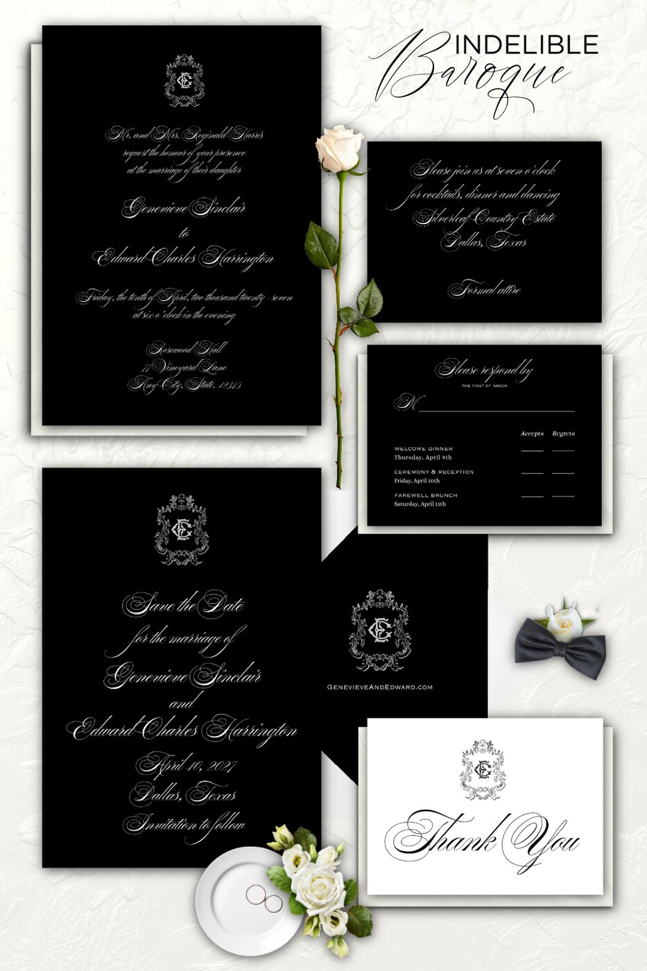 INDELIBLE Baroque wedding stationery suite presented as a coordinated collection