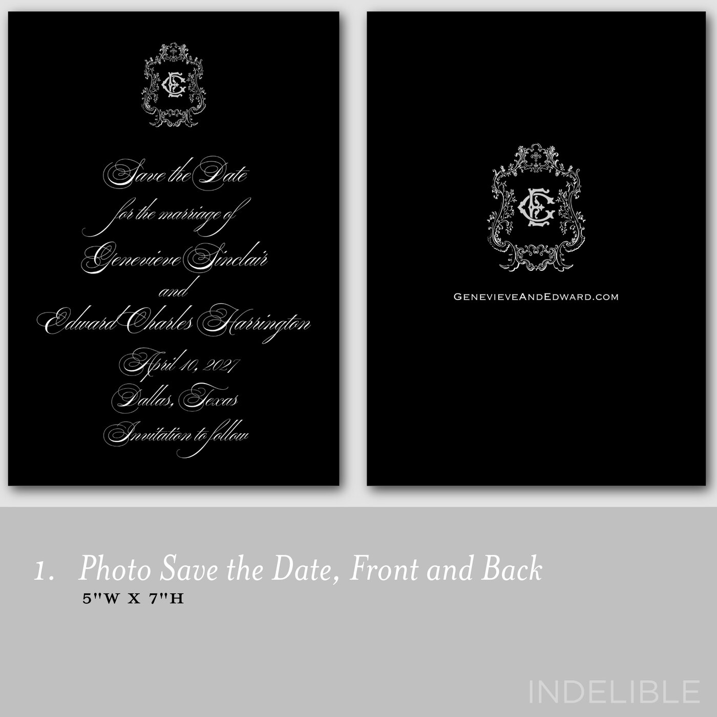 Front and back of the black Baroque save-the-date design