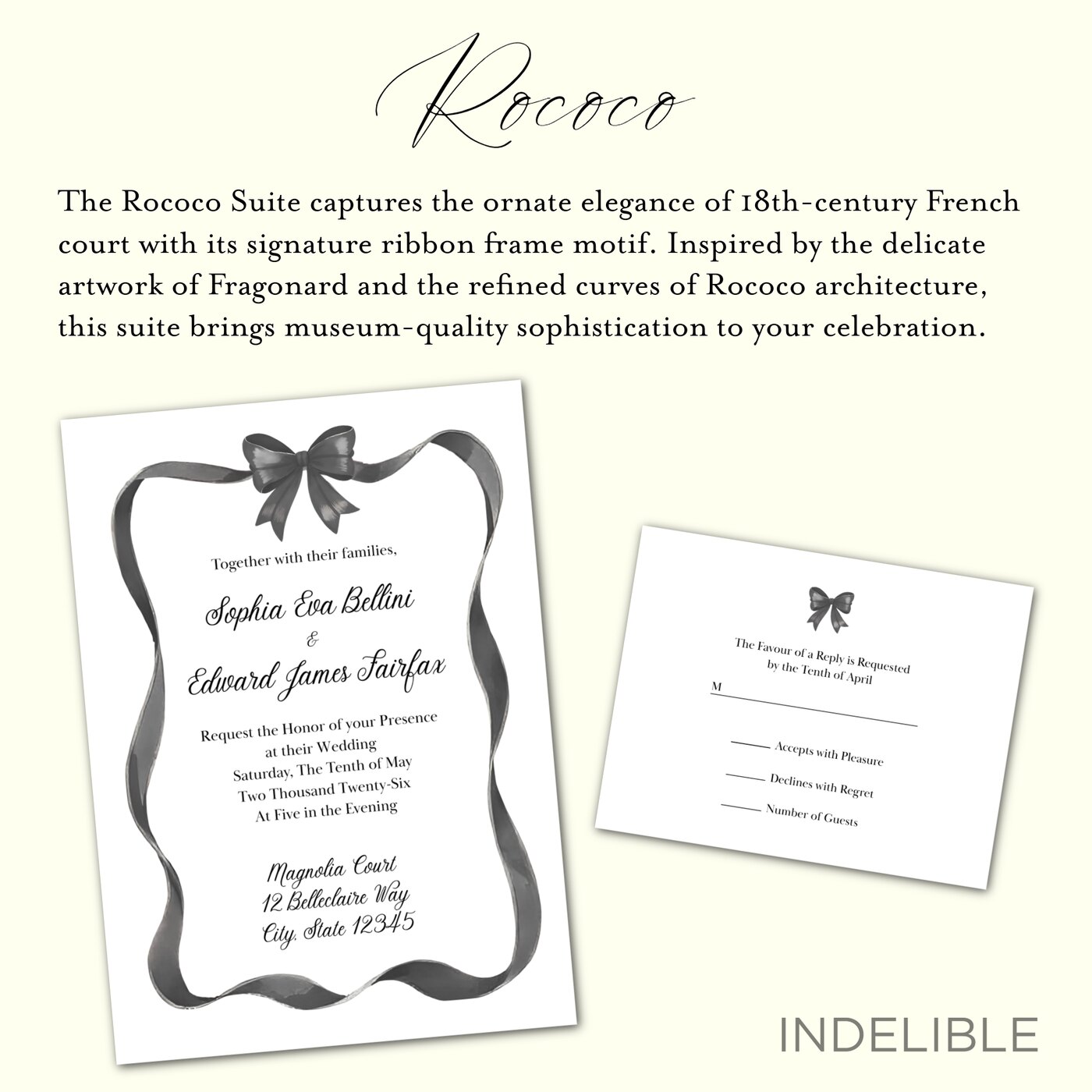 INDELIBLE Rococo collection concept board with ribbon-framed invitation and response card