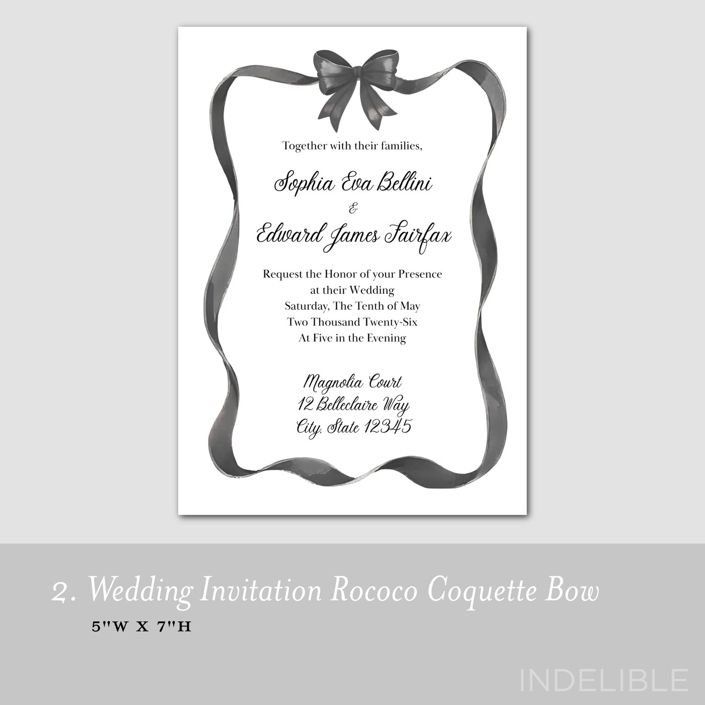 Rococo wedding invitation framed by a black ribbon and bow illustration