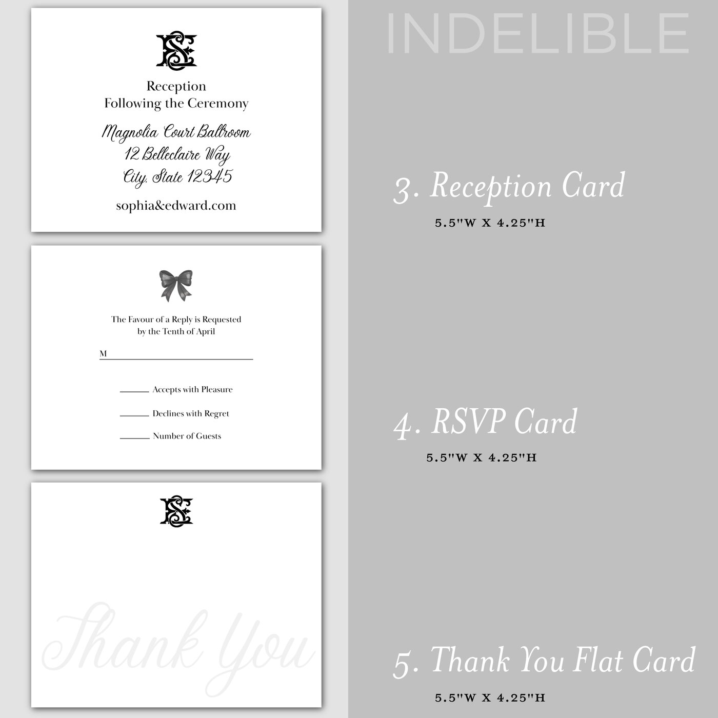 Rococo reception card, response card, and thank-you card presentation