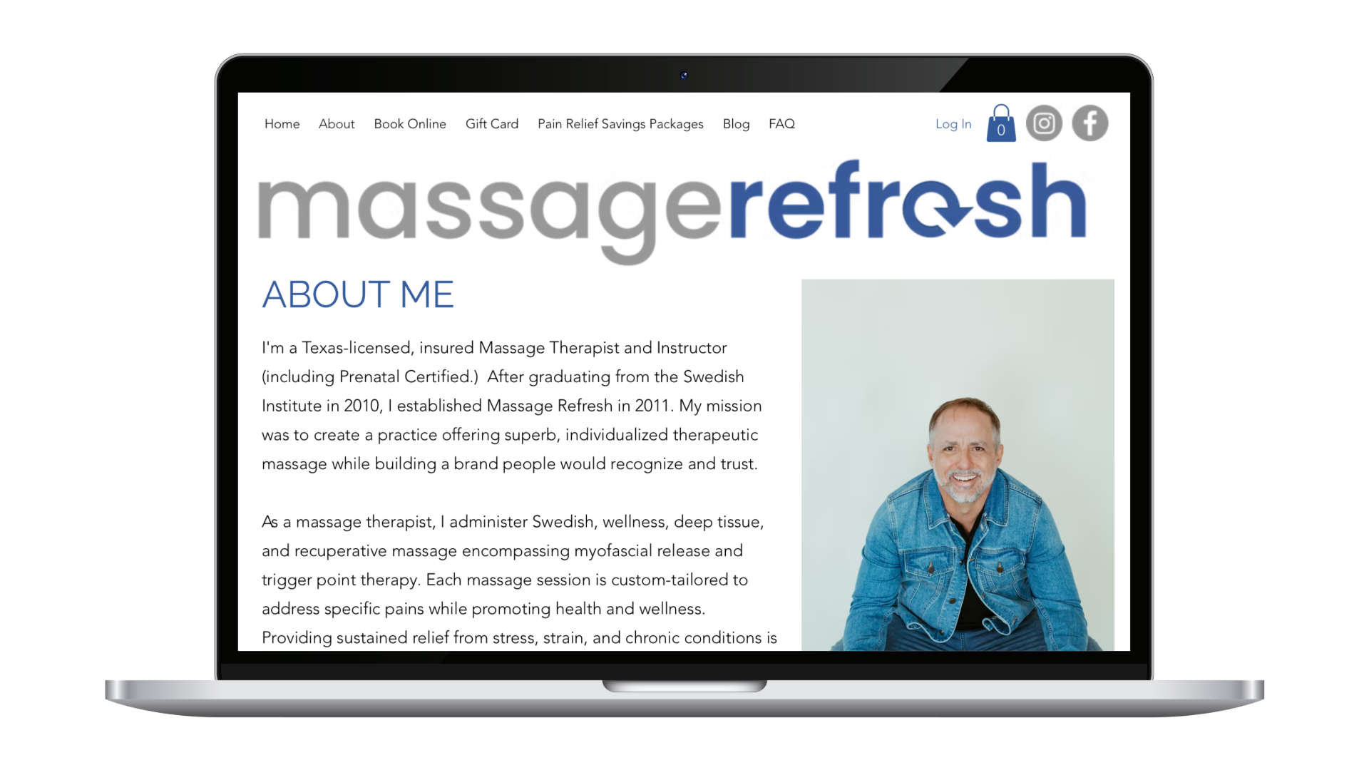 Massage Refresh About page displayed in a website mockup with practitioner portrait and business story