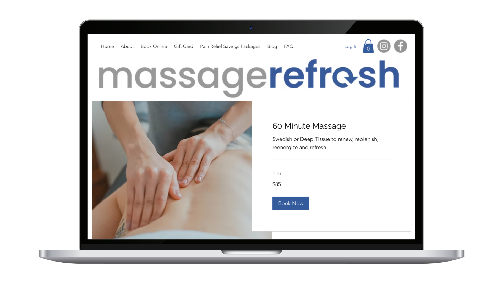 Massage Refresh online booking page displayed in a website mockup with a 60-minute massage service and booking button