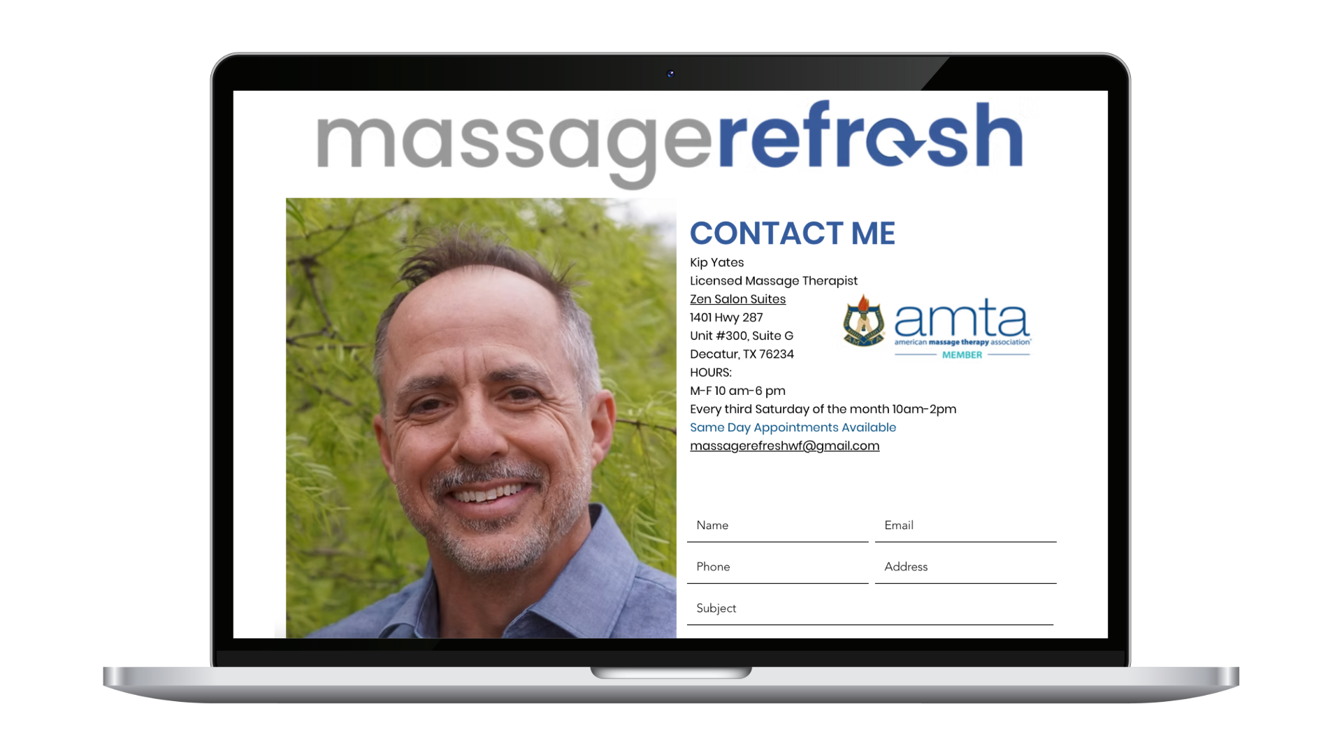 Massage Refresh contact section displayed in a website mockup with practitioner photograph, credentials, location, hours, and inquiry form